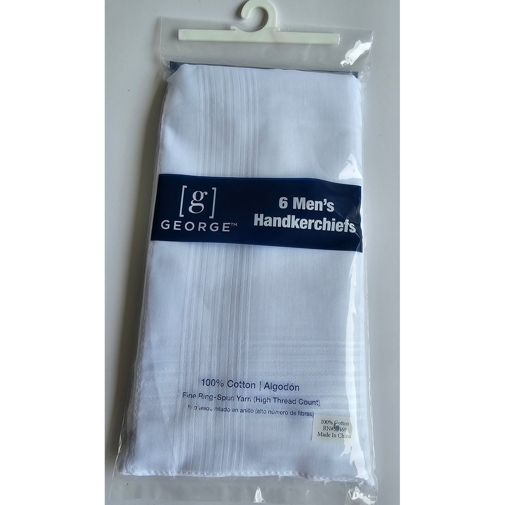George Mens Handkerchiefs 6 Pack White 100% Cotton Fine Ring-Spun Yarn RN52469